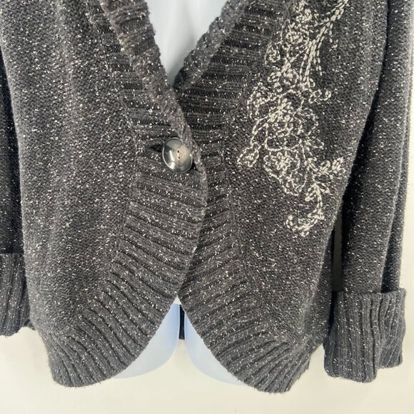 Eddie Bauer Women L Gray Cardigan Shawl Collar One Button Floral Embroidery Fall - Picture 8 of 11